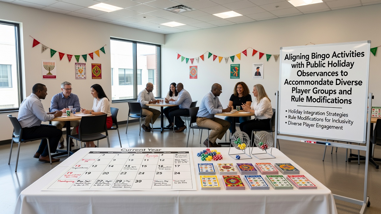 Bingo players gathered in a community hall decorated for a public holiday celebration with adapted game setups