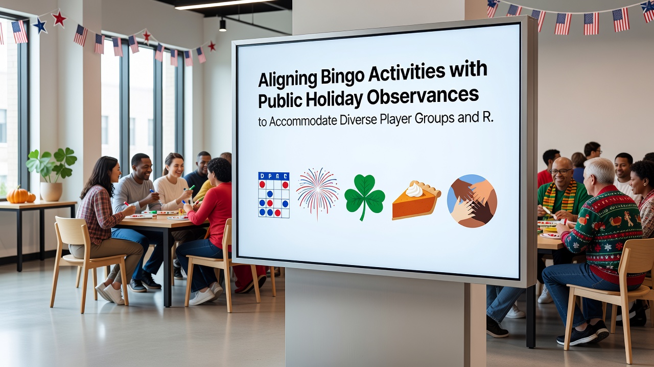 Diverse group of bingo participants including families and seniors playing at holiday-themed tables with modified rule cards