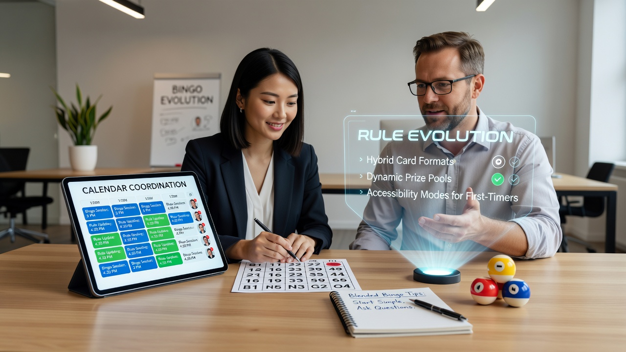 Calendar coordination in blended bingo experiences showing traditional hall and digital app interfaces side by side