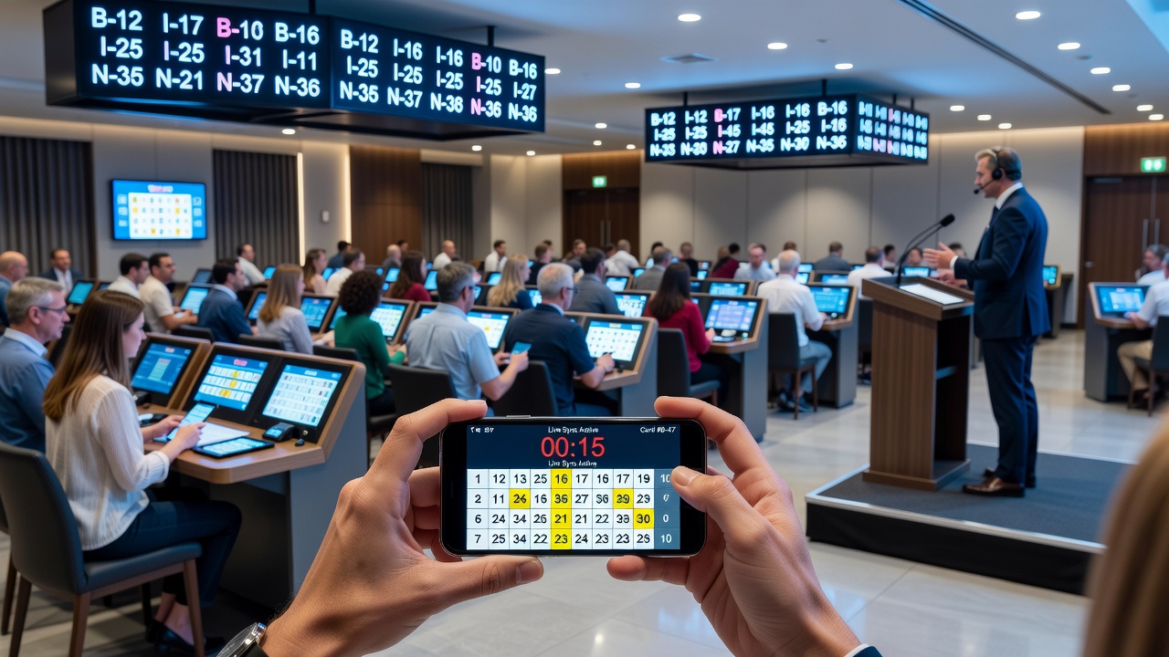 Mobile app interface displaying synchronized live bingo event timings and promotional features