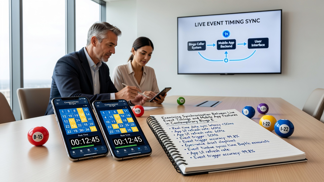 Live bingo hall with players using synchronized mobile apps during an event