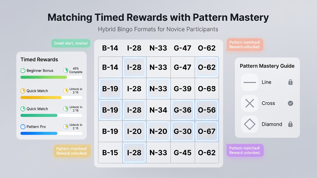 Digital overlay highlighting bingo patterns during a hybrid session with timed reward indicators visible on screen