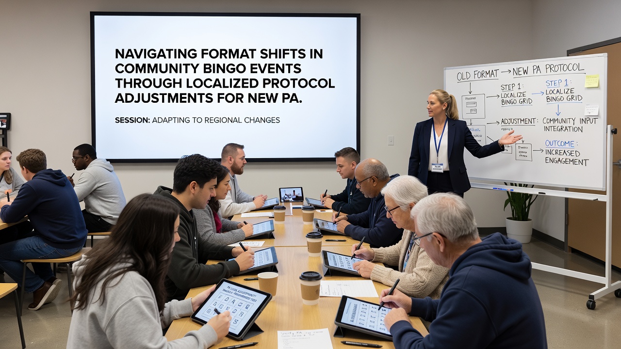 New participants at a bingo table reviewing localized rule adjustments with staff assistance