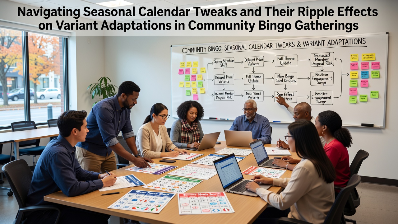 Community bingo hall with seasonal decorations and players adapting game patterns during a calendar shift