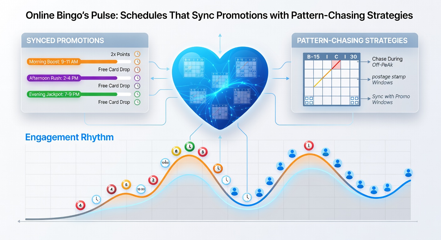 Dynamic chart illustrating online bingo schedules overlaid with promotion timelines and peak pattern-winning streaks, featuring colorful graphs and bingo card visuals