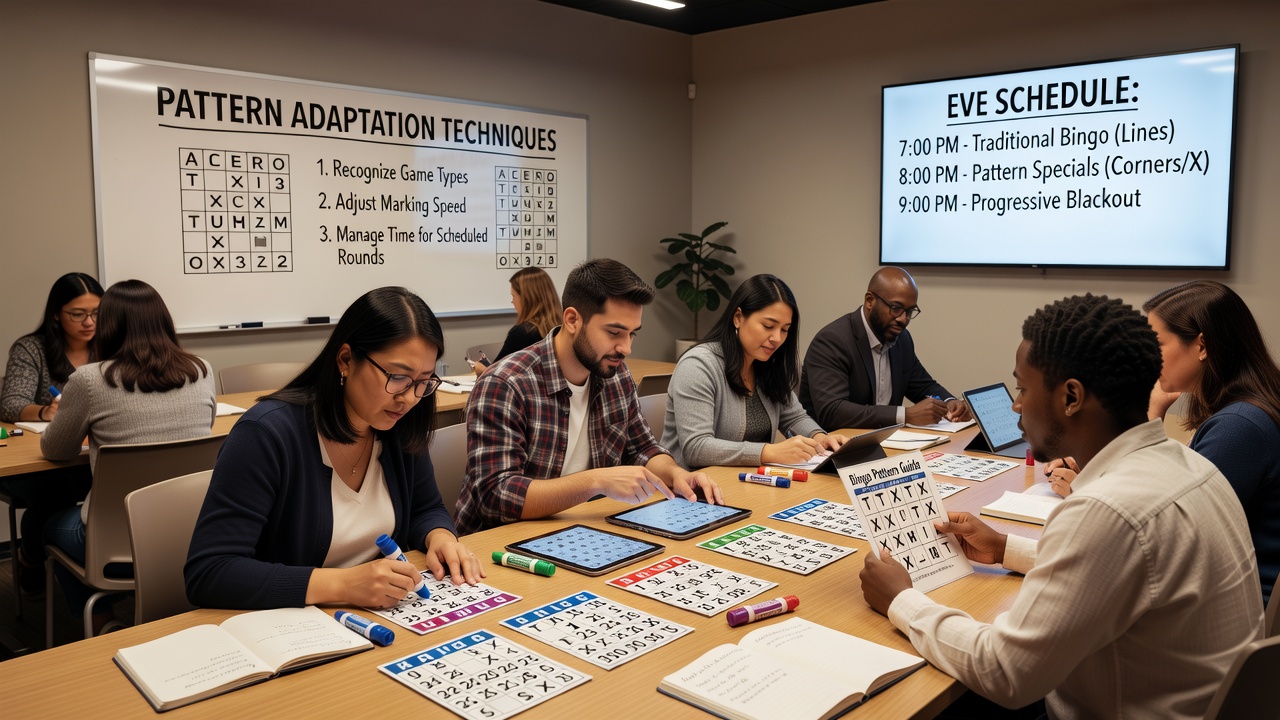 Newcomers practicing pattern recognition in a multi-format bingo session