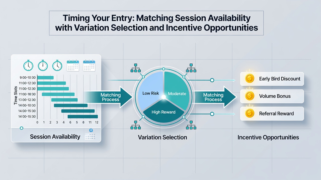 Digital bingo interface displaying session timings alongside active incentives and variant choices