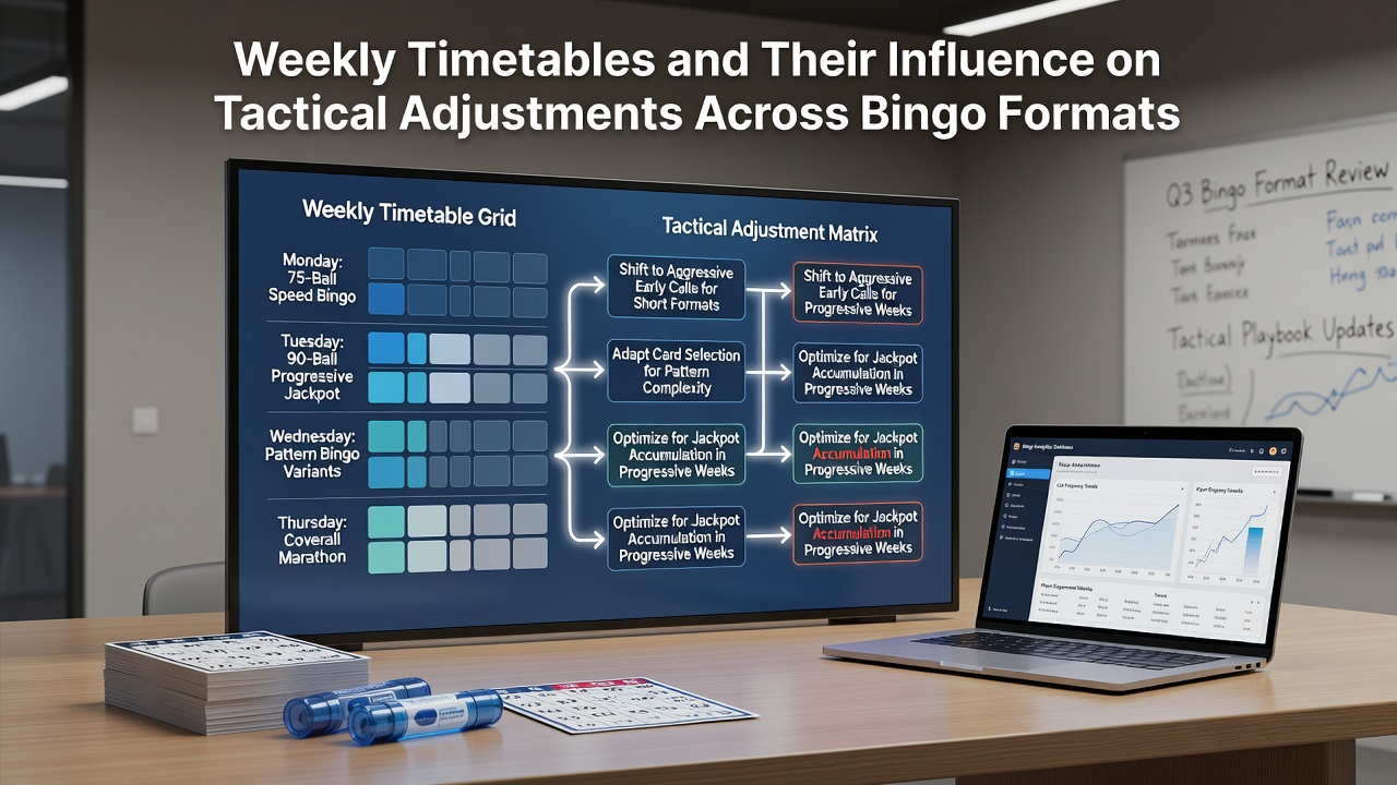 Illustration of weekly bingo timetables showing session times and format variations across traditional halls and digital platforms