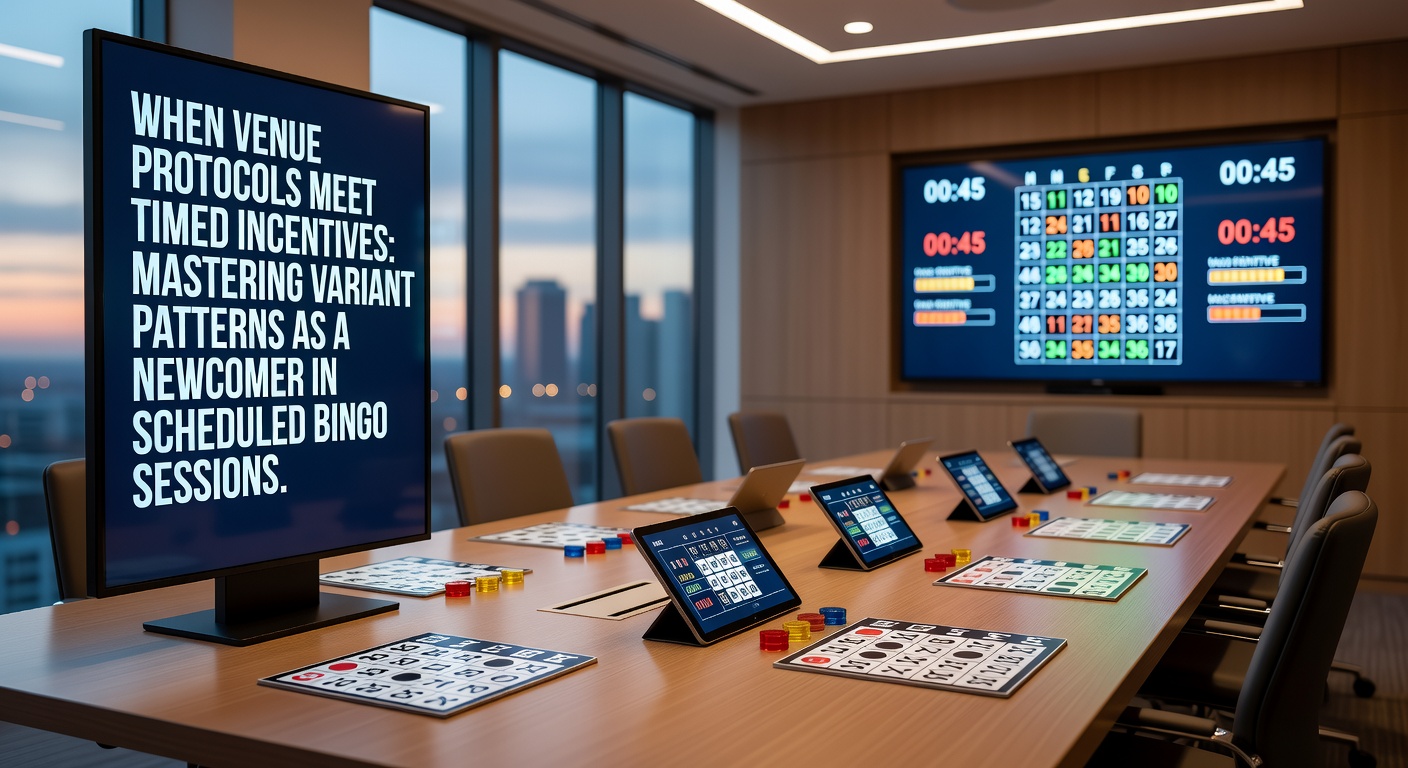 Bingo venue interior showing scheduled session setup with pattern boards and promotional timing displays